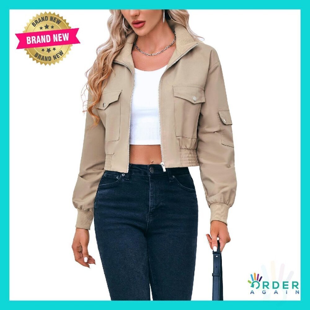 Cropped Bomber Jacket Lightweight Zip Up Stand Collar Long Sleeve Casual Chic